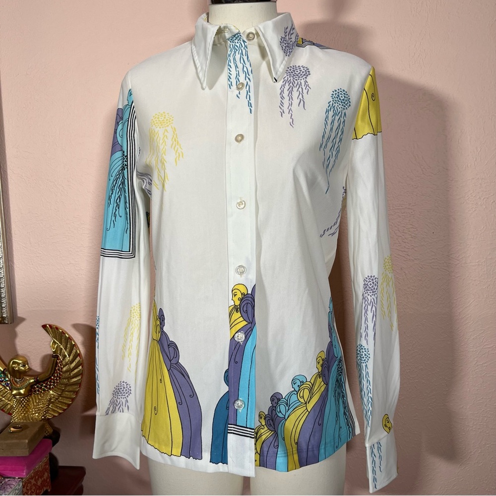 Vintage 1970 Mod Art Deco Lady Print Dagger collar Blouse - Picture 9 of 17